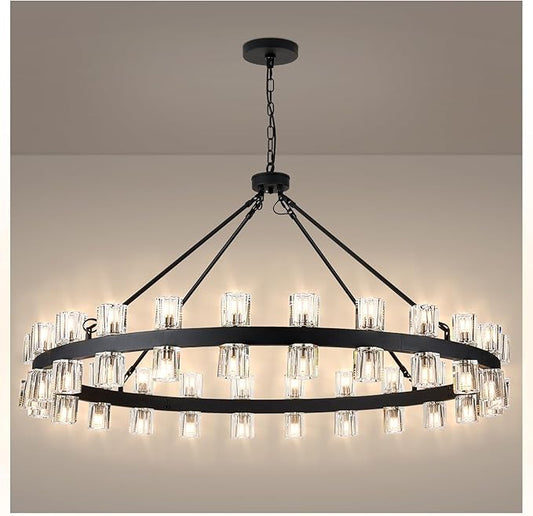 48 Inch Black Wagon Wheel Chandelier with Crystal Shade, 48 Lights, Modern Farmhouse Style, Ideal for Dining Room, Kitchen, Entryways