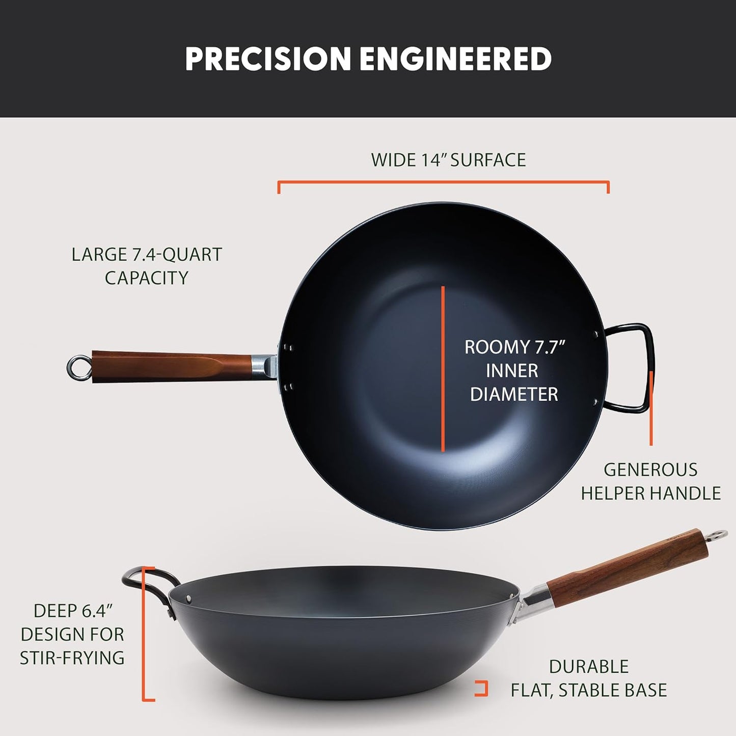 GreenPan Carbon Steel Wok 14”, Flat Bottom, Durable Stir-Fry Pan, Pre-Seasoned Nonstick Patina, High Heat Retention, Induction, Ash Wood Handle, Kyoto, Black