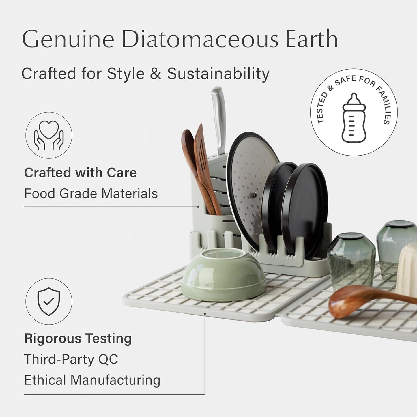 Dorai Home Collapsible Dish Drying Rack and Stone Dish Pad – Large Foldable Drying Rack with Instant - Dry Stone Mat – Space-Saving Drainer for Kitchen Counter - 24.6" x 16.5", Sand