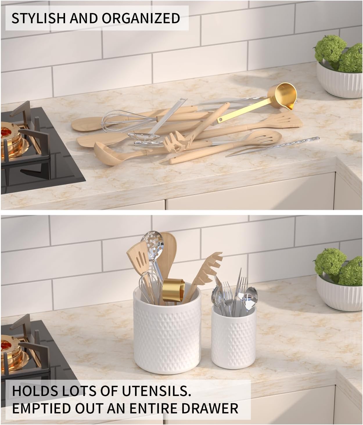 2 Pack Ceramic Utensil Caddy, Large Spatula Holder, Farmhouse Kitchen Decor for Silverware Spoon Crocks