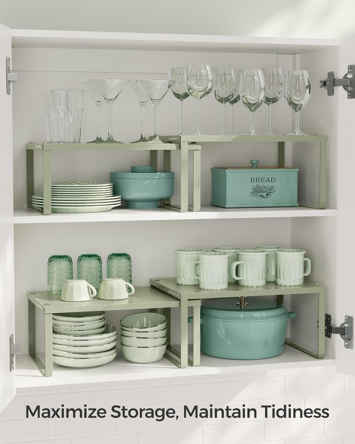 SONGMICS Spice Racks, Set of 4 Metal Cabinet Shelf Organizers, Countertop Organizers, Shelf Risers, Stackable, Expandable, Sage Green UKCS006C01