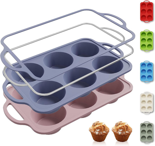 2 Packs 6 Cups Silicone Muffin Pan with Metal Reinforced Frame Jumbo Size Cupcake Pan Tray Egg Bites Silicone Circle Cookie Molds Extra Large Muffin Tin Tart Pans for Breakfast Sandwiches