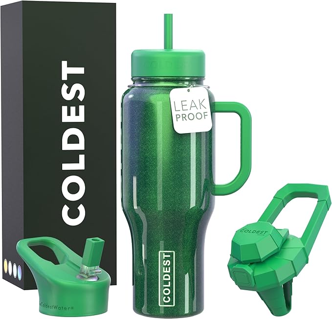 Coldest Tumbler with Handle and Straw, 100% Leak Proof Insulated Tumbler with Lid and Straw (3 Lids), Stainless Steel Tumblers for Women & Men, Cup Holder Friendly, 36 oz (Enchanted Green)