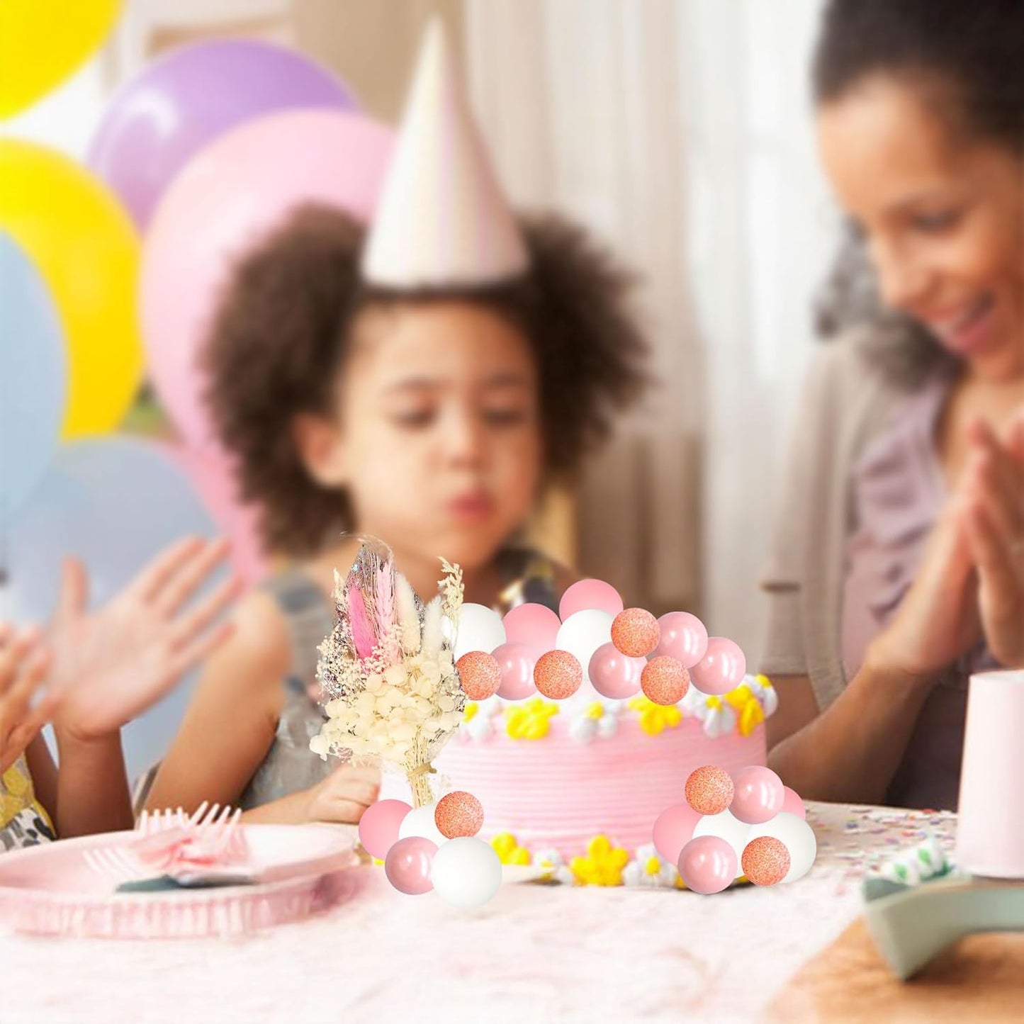 Gyufise 21 Pack Flower Boho Cake Topper Ball Cake Decorations Palm Leaves Plants Cake Decor for Girl Bohemian Princess Theme Wedding Baby Shower Birthday Party Supplies Pink White