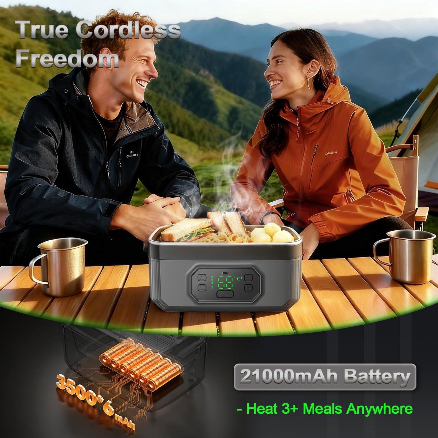 1.2L Cordless Electric Lunch Box - 21000mAh Heated Lunch Box Battery Powered with Automatic Heating, 9-Timer & 5-Temp Setting, Leakproof 304 Stainless Steel Container, Perfect for Office/Truck/Outdoor