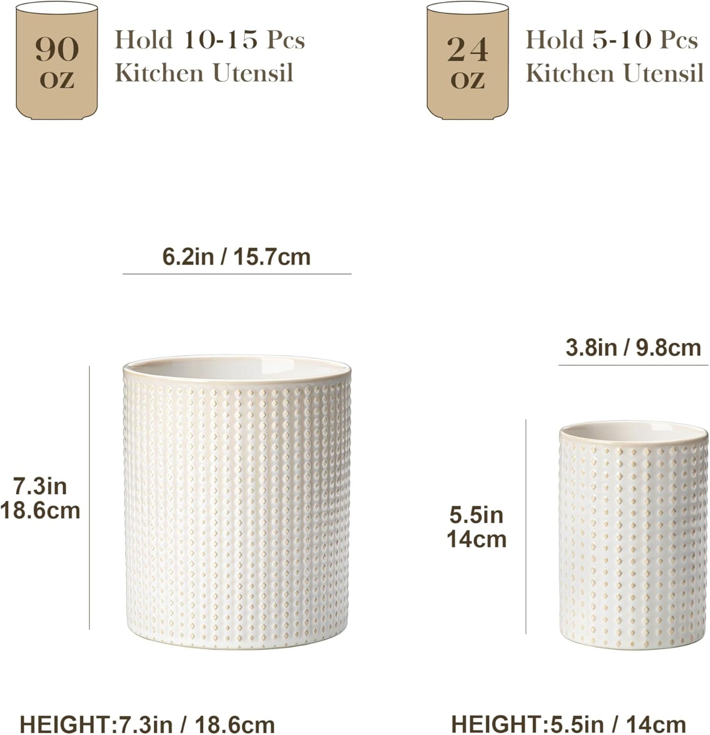 MALACASA LYDIA Ceramic Utensil Holders, 7.3"+5.5" Kitchen Utensil Crock Set for Countertop, Large & Small Utensil Organizers for Cooking Tools, Rhombus Pattern