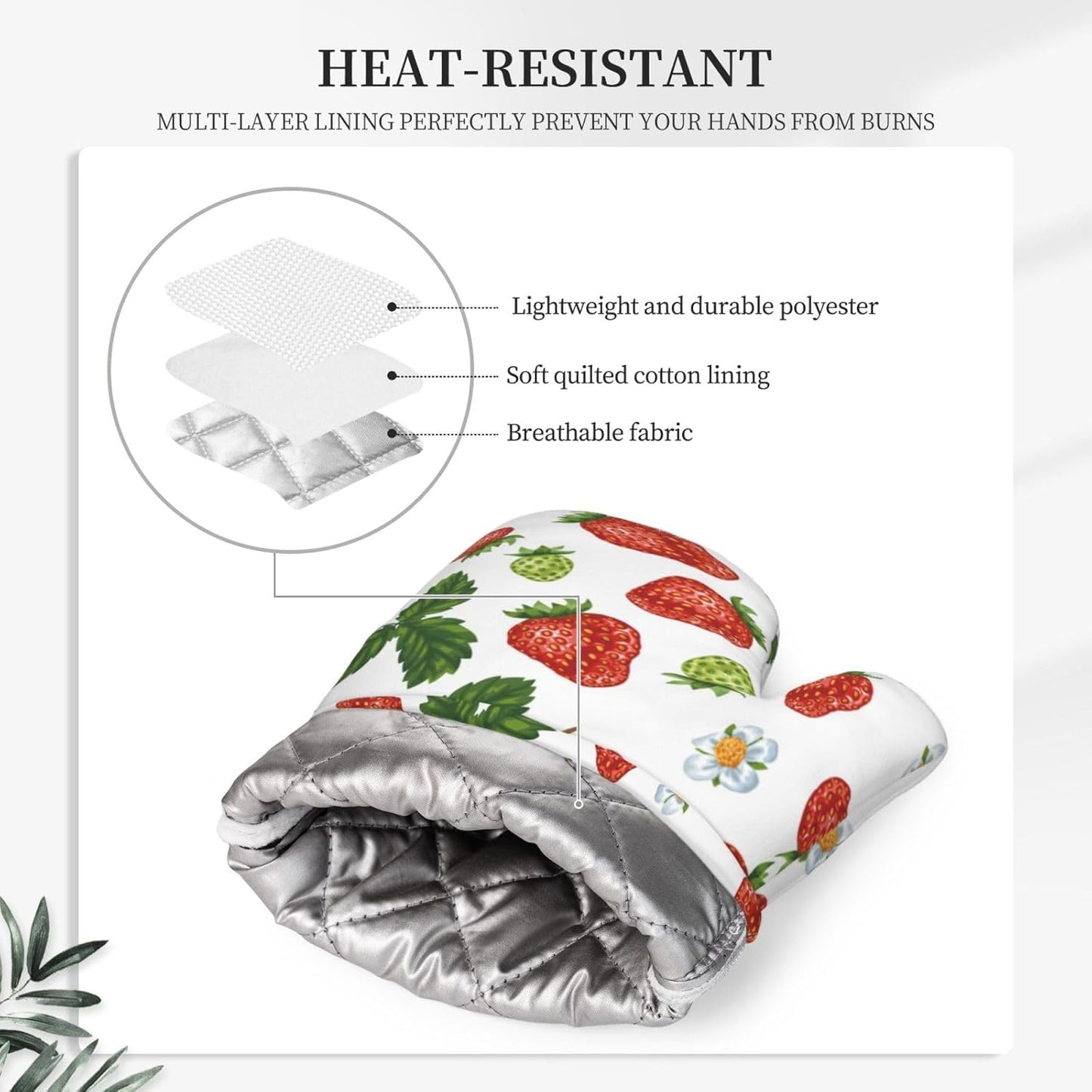 Red Strawberry Leaf Flower Oven Mitts and Pot Holders Set of 4 Silicone Strawberry Kitchen Mitten Gloves and Strawberries Potholders Set Heat Resistant Oven Gloves Hot Holders for Kitchen