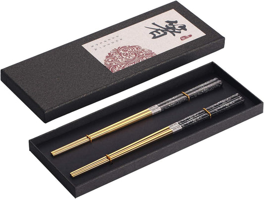 Chopsticks Reusable Titanium Plated Metal Chopsticks 304 Stainless Steel Chopstick Dishwasher safe Japanese Korean lightweight Engraved Anti-slip Chop sticks for Eating 2 Pairs Gift Set Black Gold