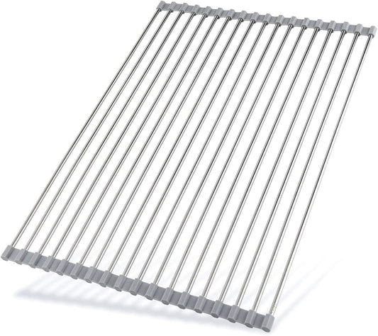 Roll Up Dish Drying Rack 20.5"(L) x 13.8"(W) - Stainless Steel and Silicone Dish Drying Mat Over The Sink Foldable Drain Rack Multipurpose Dish Drainer Extra Large, Gray