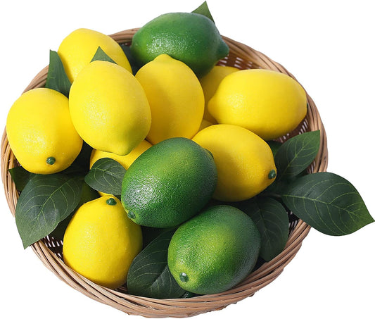 Fake Fruit Artificial Lemons, 3.1''×2.2'' Faux Lemon Fake Limes with Leaves, Lifelike Fake Lemon Decor for Kitchen Table Cabinet Party, Plastic Fruits Photography Prop 36PCS