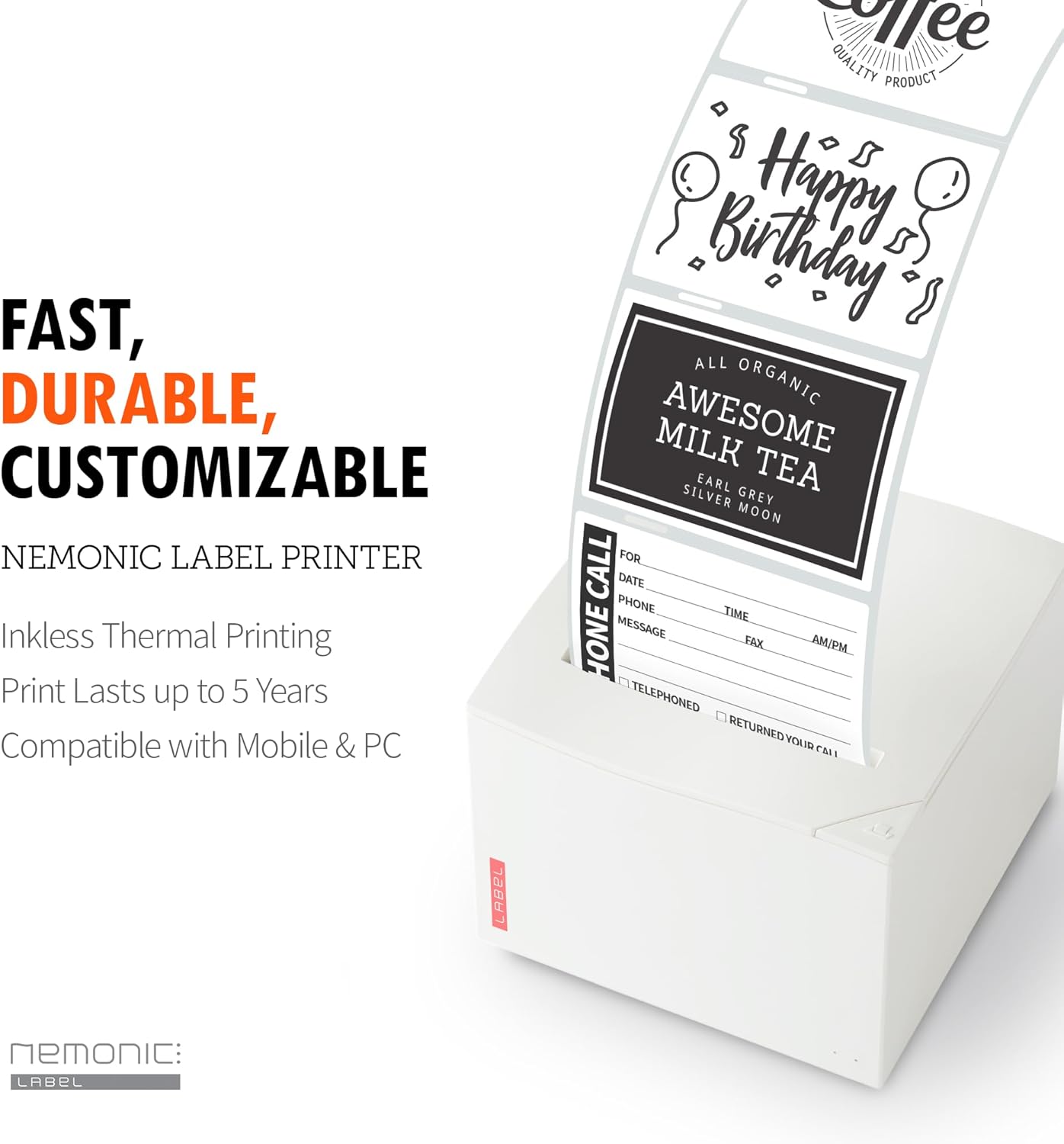 Nemonic Label Printer | Inkless Bluetooth Thermal Label Printer for Small Business | Durable Shipping Label Maker & Portable Wireless