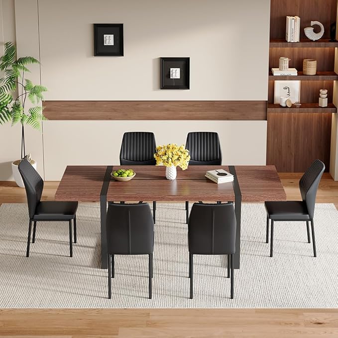 86.6" Dining Table Set for 6, Modern 7 Piece Wood Kitchen Table and Chairs Set, Rectangle Dining Room Table with 6 PU Leather Upholstered Chairs, Ideal for Apartment, Kitchen, Dining Room