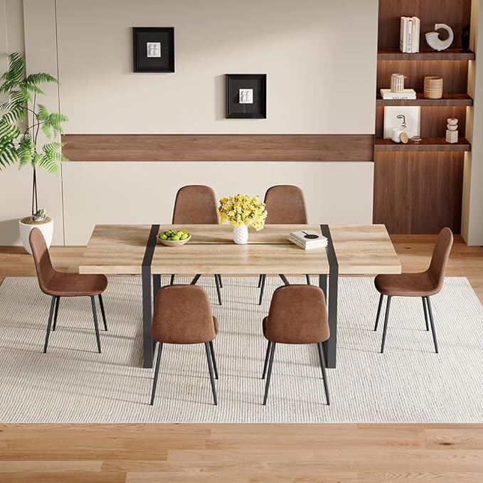 86.6" Dining Table Set for 6, Modern 7 Piece Wood Kitchen Table and Chairs Set, Rectangle Dining Room Table with 6 Upholstered Suede Chairs, Ideal for Apartment, Kitchen, Dining Room