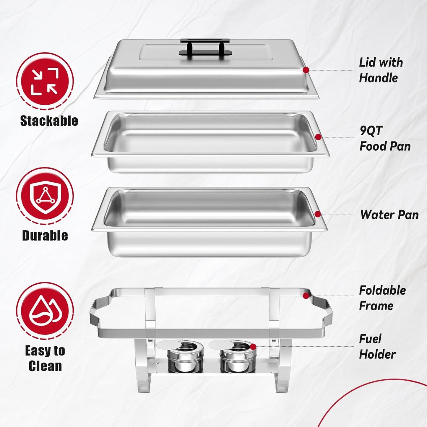 4 Pack Chafing Dish Buffet Set, 8QT Stainless Steel Rectangular Chafers and Buffet Warmer Sets 7 Pans Rolled-Edge Design for Catering Event Party Holiday