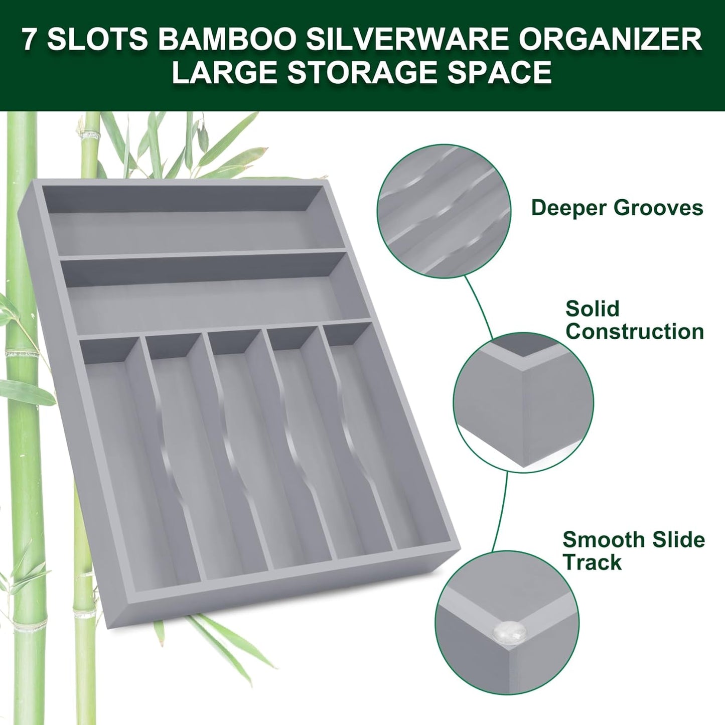Bellsal Grey Utensil Organizer 12.5 Inch Silverware Tray for Drawer Utensil Holder Cutlery Organizer Kitchen Drawer Organizer 7 Compartment Small Narrow Bamboo