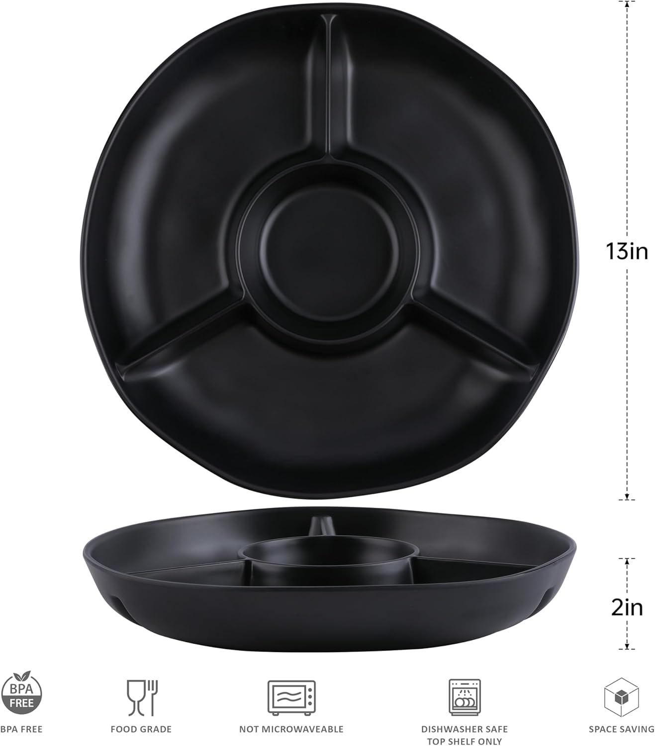 Chip & Dip Serving Tray Set, 4 Sectional Round Melamine Serving Platter, Relish Tray, Round Compartment Appetizer platter for Veggies, Candy and Snacks, Matte Black, Set of 2