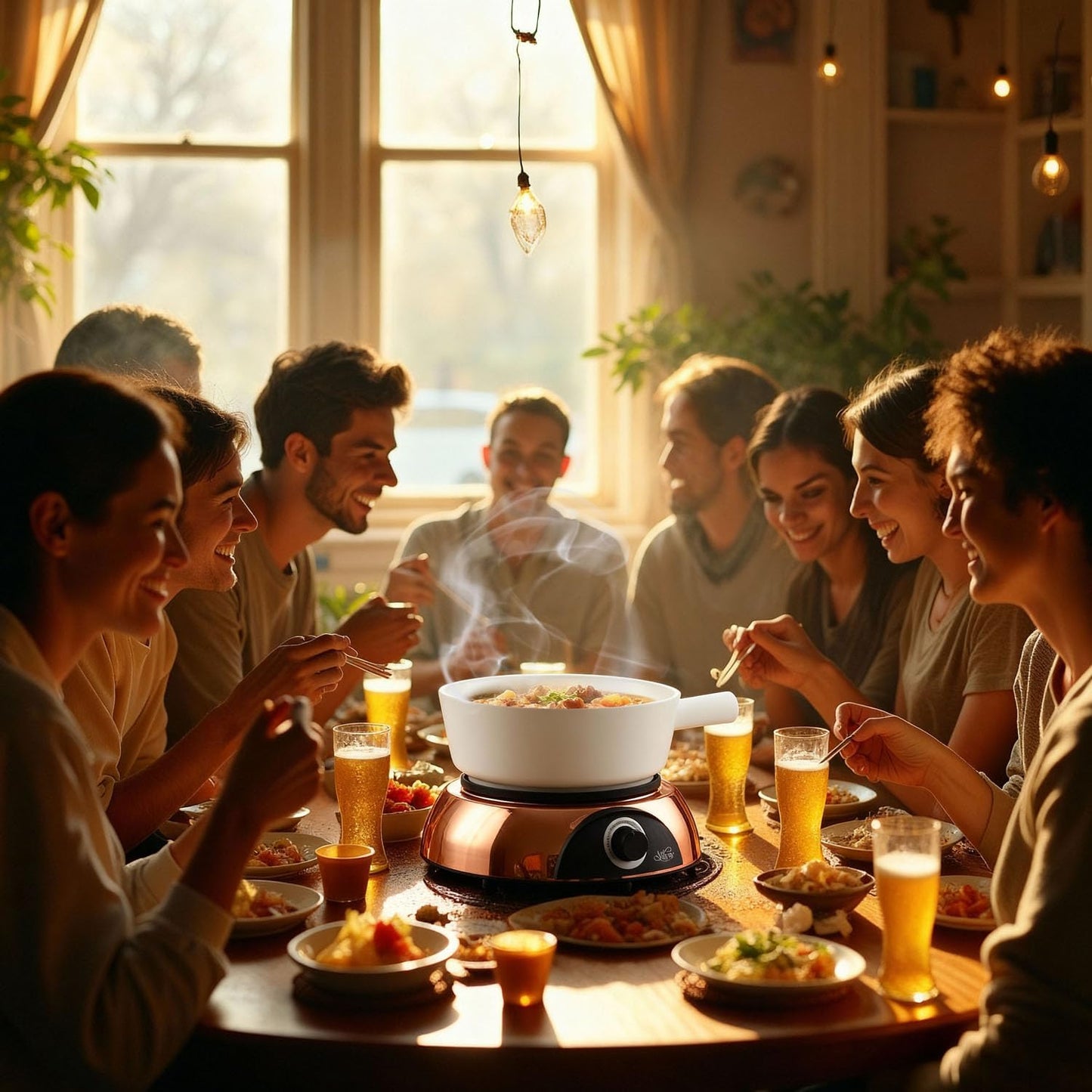 Artestia Electric Fondue Pot 2-QT 1500W, Dual-Use Swiss Fondue Set for Cheese & Chocolate Melting, Adjustable Temperature Control, White Ceramic Pot with Rose-Gold Base & 6 Forks