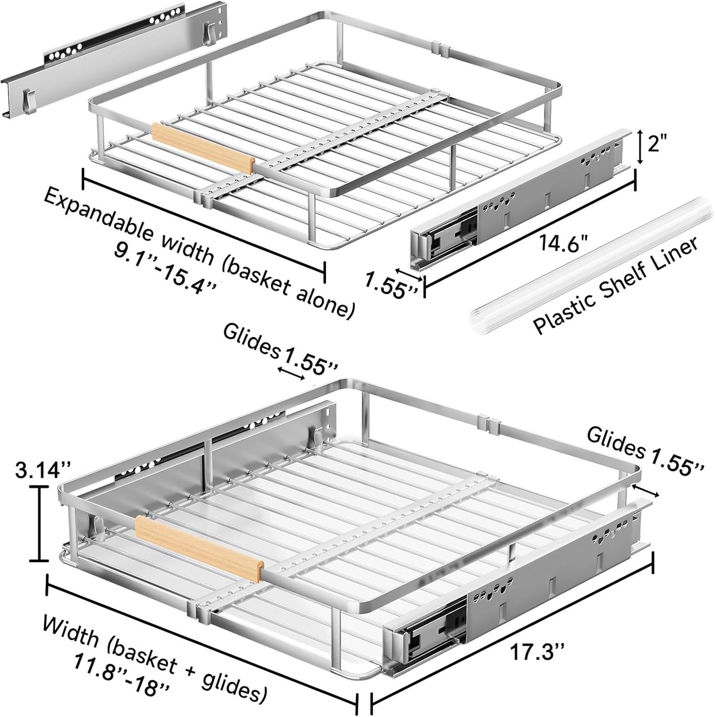 2Pack Expandable Pull Out Cabinet Organizer, Slide Out Drawers for Kitchen Cabinets, Heavy Duty Drawer Slides for Home Kitchen Pantry Cupboard Pots Pans, Adjustable Width 11.8"~18" W x 17.3''D
