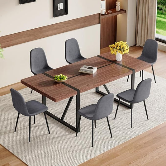86.6" Dining Table Set for 6, Modern 7 Piece Wood Kitchen Table and Chairs Set, Rectangle Dining Room Table with 6 Linen Fabric Upholstered Chairs, Ideal for Apartment, Kitchen, Dining Room