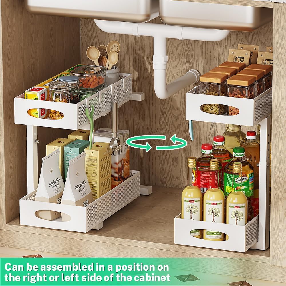 Under Sink Organizer, 2-Tier Slide-Out Storage Shelf with Mesh Drawers - Adjustable Height Heavy-Duty Steel Cabinet Organizer for Kitchen/Bathroom/Laundry, Easy Assembly, Space Saver (White)