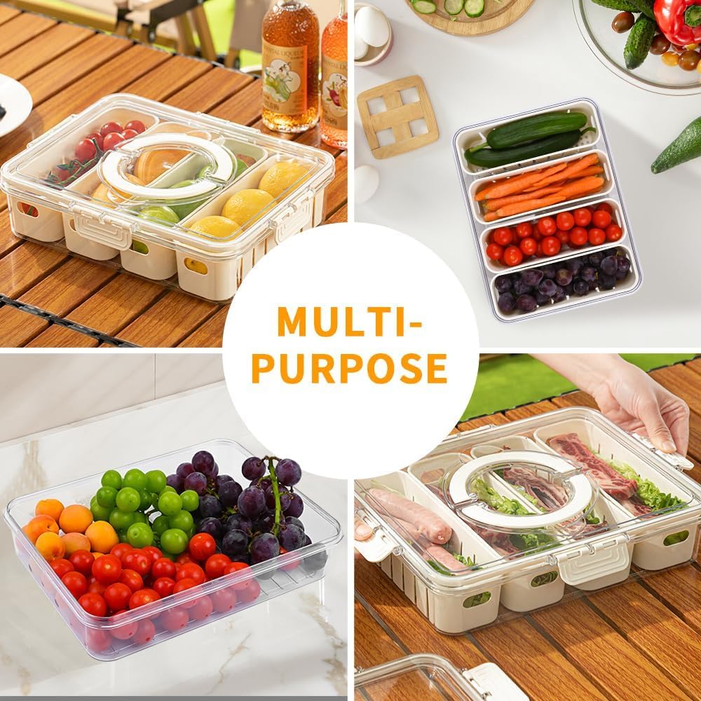 Fruit Storage Containers for Fridge, Fridge Organizer Snackle Box Container, Fruit Containers for Fridge, 4 Compartments Fruit & Vegetable Organizer