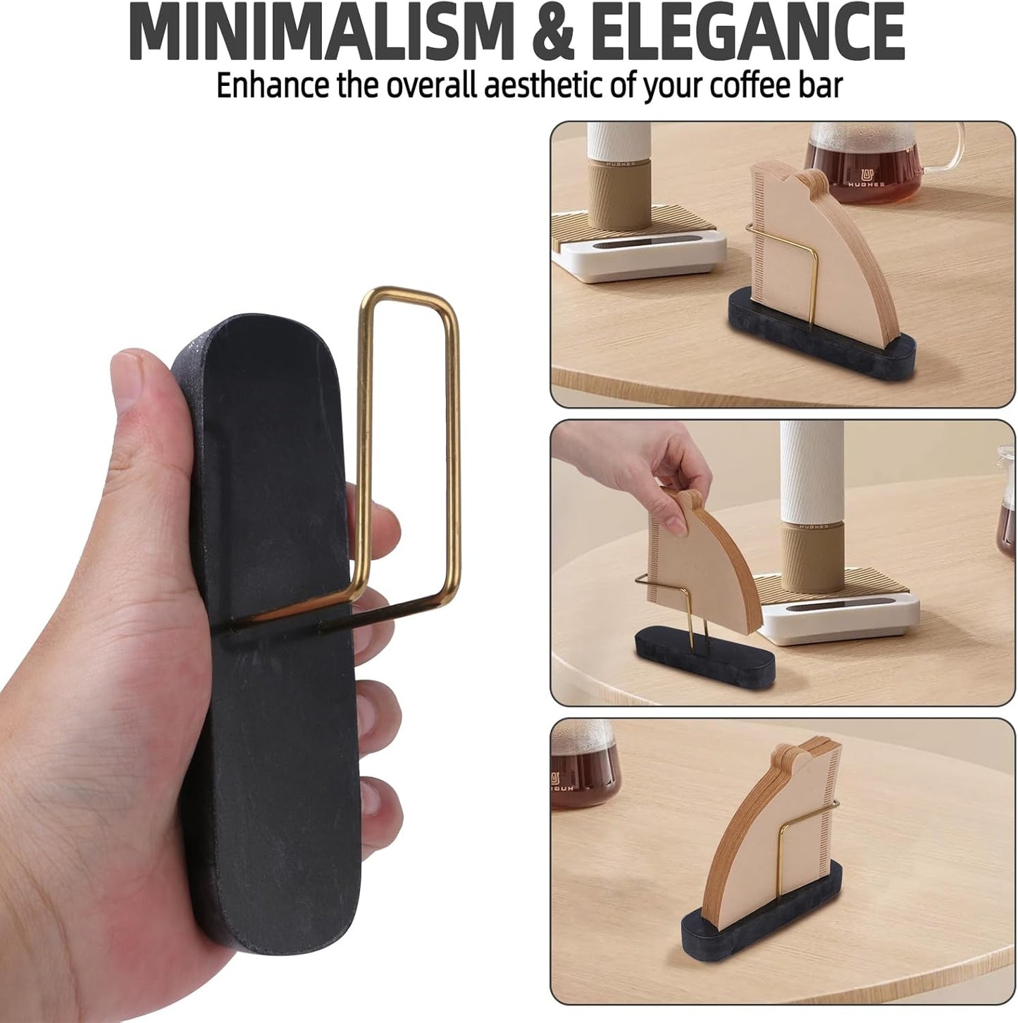 Coffee Filter Holder, Marble & Brass Cone Coffee Filters Holder Organizer Station, Stand Accessories for V60 Filters Size #01, #02 & #04, Thick and Anti-slip (Black)