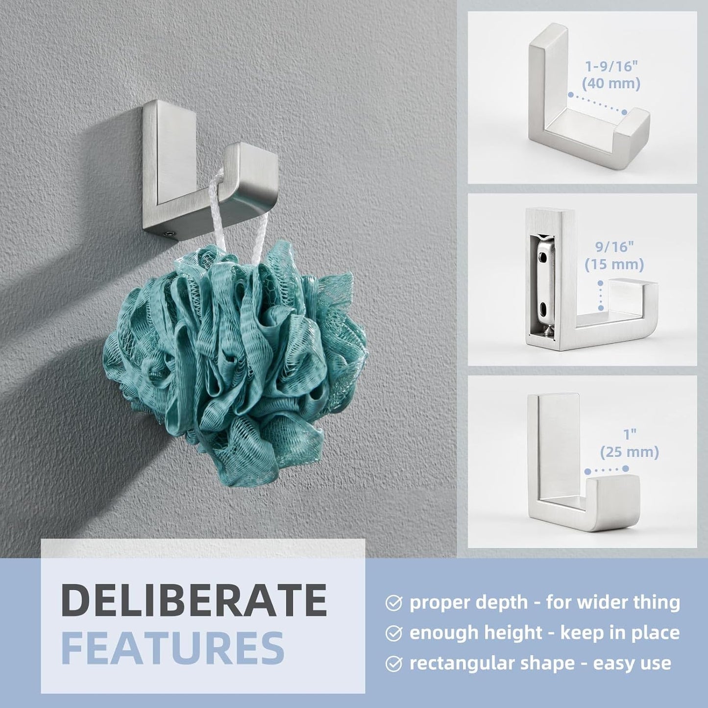 Angle Simple Towel Hook for Bathroom, SUS 304 Stainless Steel Shower Robe Coat Hook for Wall, Brushed Nickel