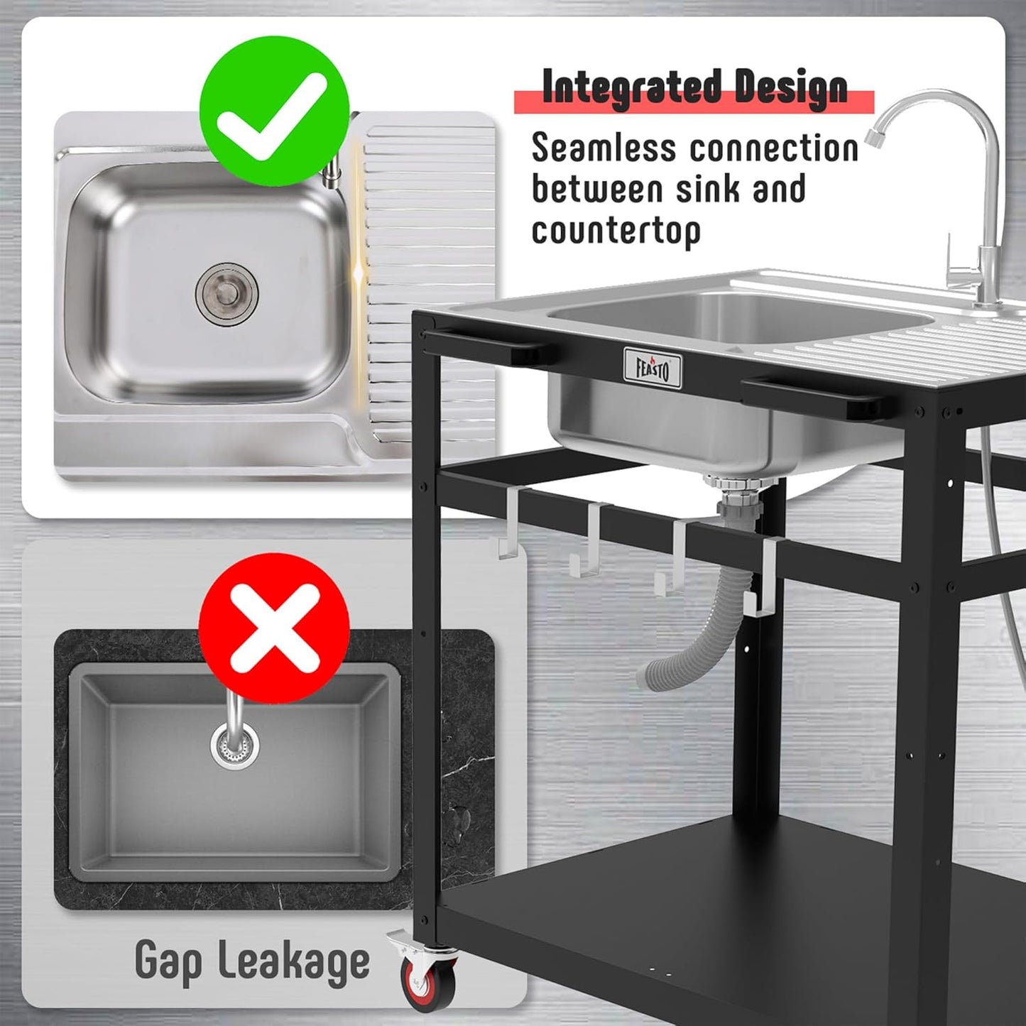 35” Outdoor Grill Cart with Sink, Outdoor Kitchen Sink Station with Hose Hook Up, Free Standing Sink with Wheels, Stainless Steel Sink with Single Bowl, Outdoor Utility Sink with Faucet
