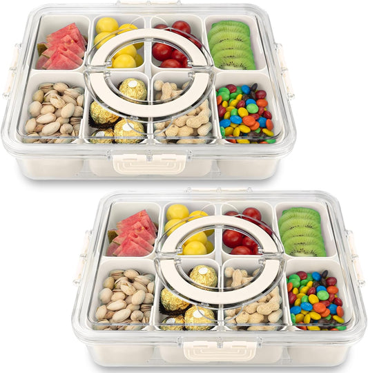 Divided Serving Tray with Lid and Handle,8 Compartments Snacks Box,Snack Fruit Tray,Veggie Tray,Portable Platter for Candy Fruits Nuts Snack Party Entertaining Picnic(2 PCS)