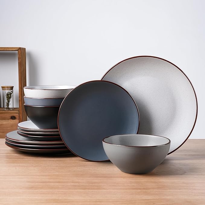 Famiware Venus Plates and Bowls Sets, 12 Pieces Stoneware Speckled Dinnerware Sets, Dishes Set for 4, Microwave and Dishwasher Safe, Matte Multi-color