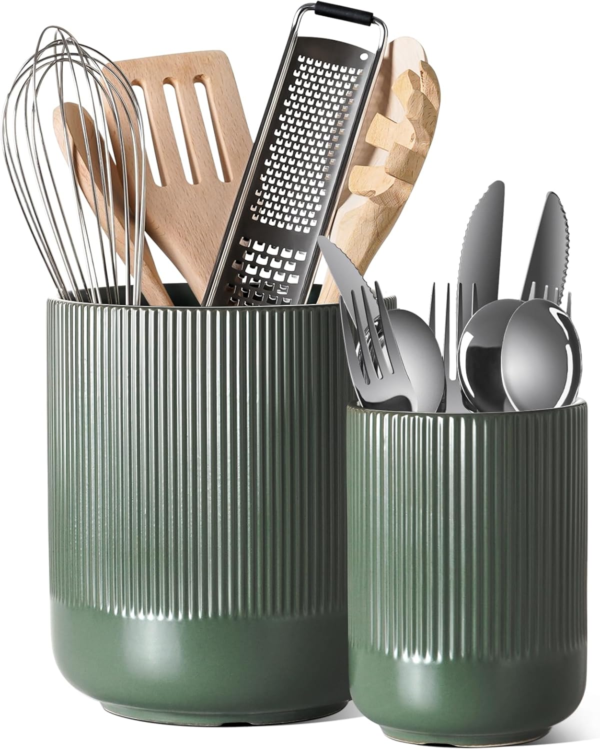 LE TAUCI Utensil Holder, 7.3"+5.4" Ceramic Kitchen Utensil Holder for Countertop, Large Cooking Utensil Crocks for Kitchen Counter, Morden Utensil Organizer for Spatula, Set of 2, Forest Green