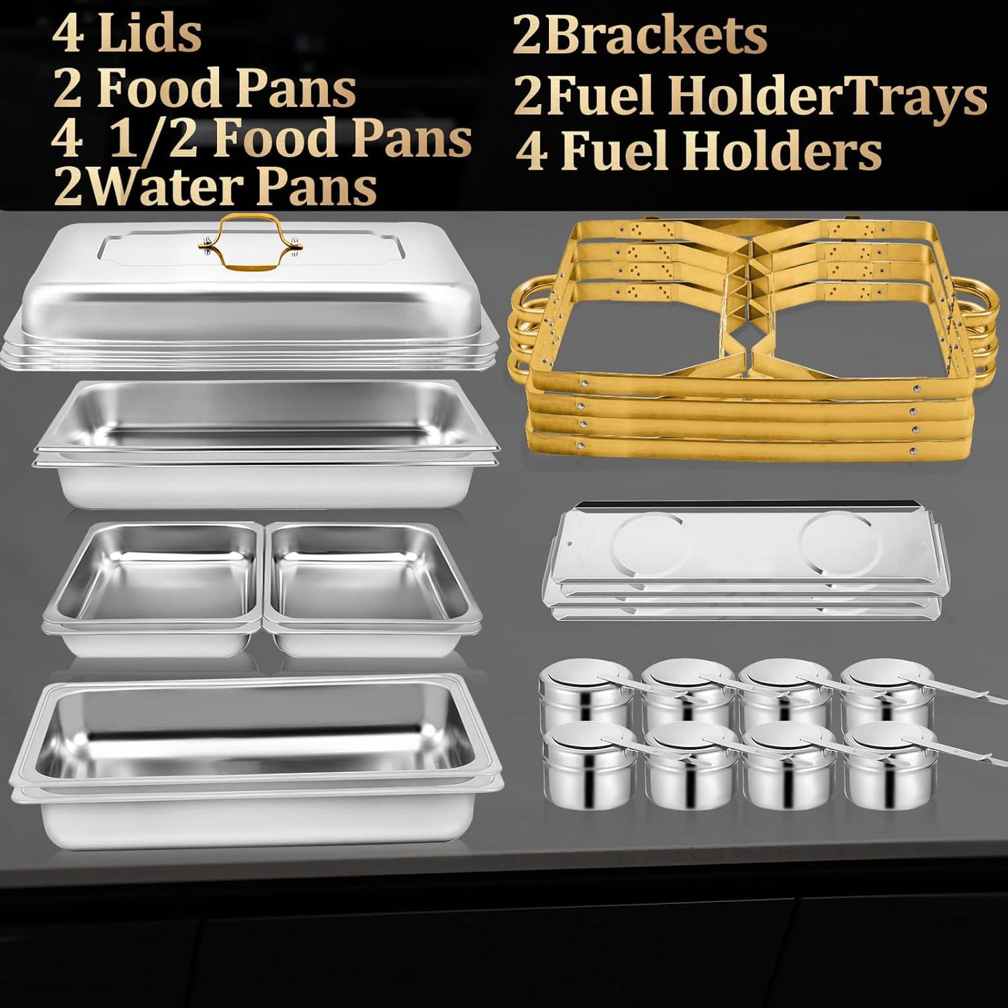 8QT 4 Pack Chafing Dishes for Buffet, Multiple Food Pans Combo Gold Chafing dish, High Grade Food Warmers for Parties, Events, Weddings, Indoors & Outdoors