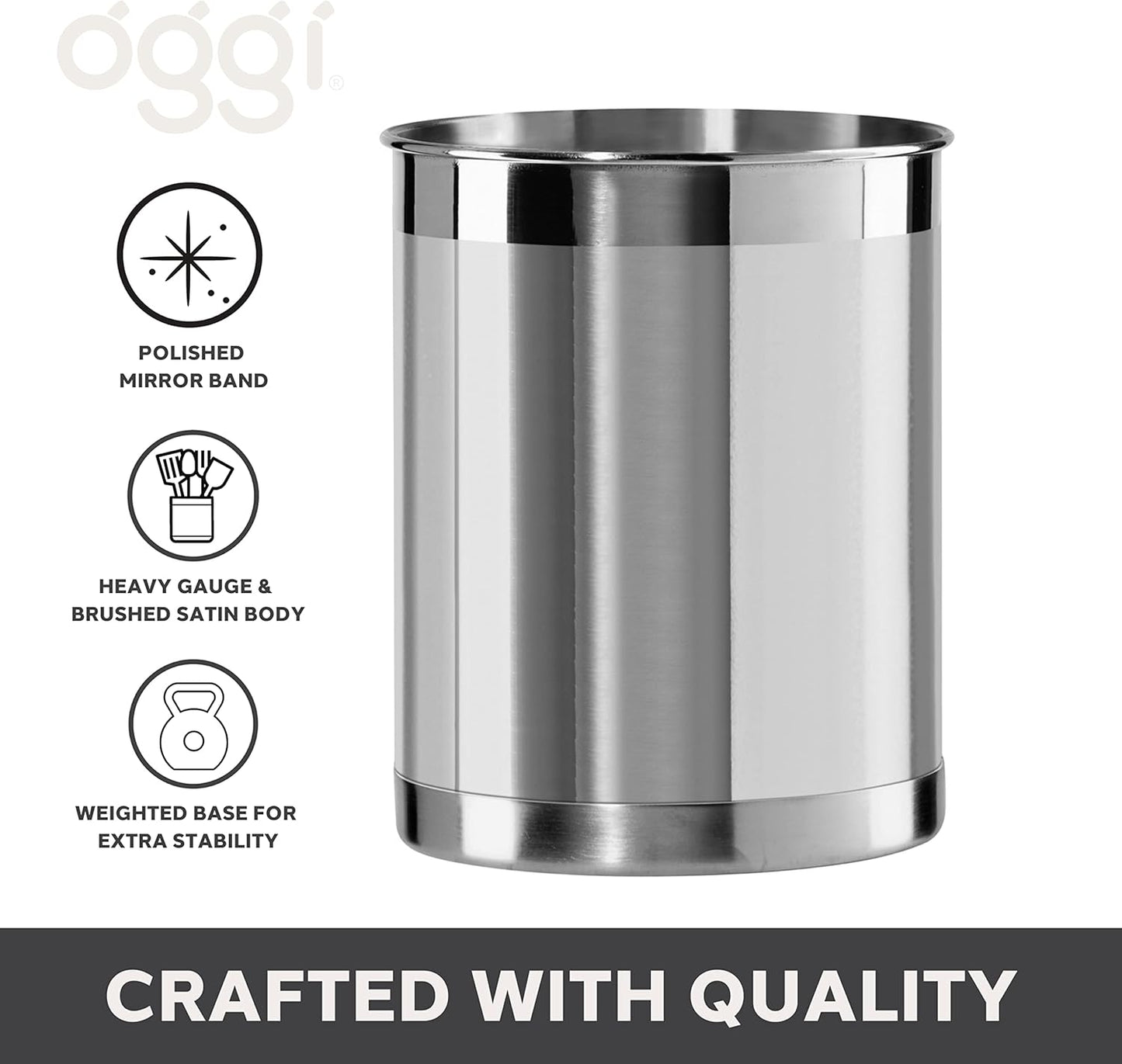 Oggi Stainless Steel Utensil Holder - 5" Diameter, Utensil Caddy, Weighted Base for Stability - Larger-Sized Utensil Crock and Countertop Utensil Organizer, Stainless Steel