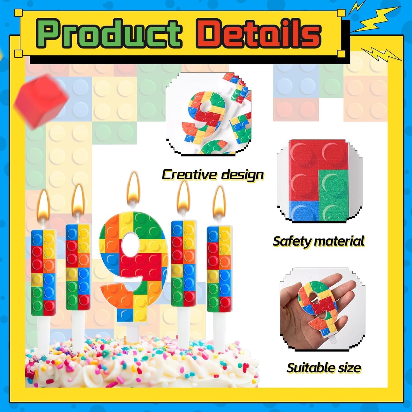 7 Pcs Building Block Themed Birthday Candles Set Building Blocks Number 9 Candle Cake Topper for Building Block Party Decoration Supplies (Number 9)
