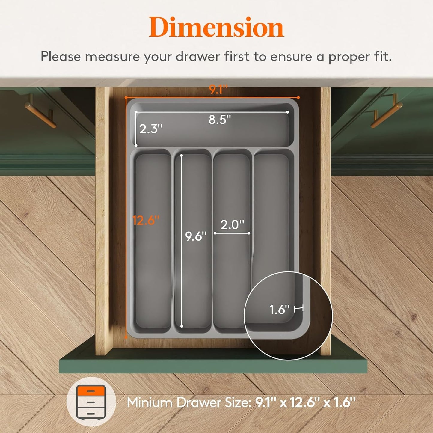 Lifewit Silverware Drawer Organizer Tray, Plastic Cutlery Storage for Kitchen Drawer, Flatware and Utensil Holder Divider for Spoons Forks Knives Tableware, 5 Compartment, Gray