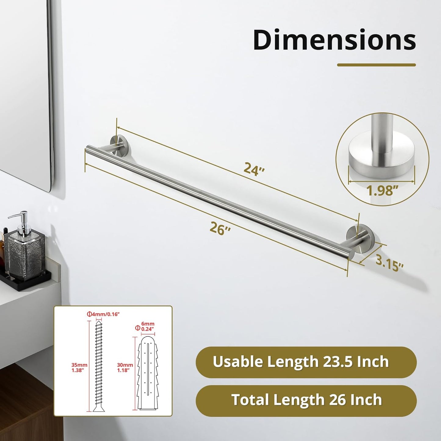 SAYAYO Towel Racks for Bathroom Brushed Nickel, 24 Inch Towel Bar Towel Rod Towel Holder Wall Mount SUS304 Stainless Steel (26 Inch Total Length)