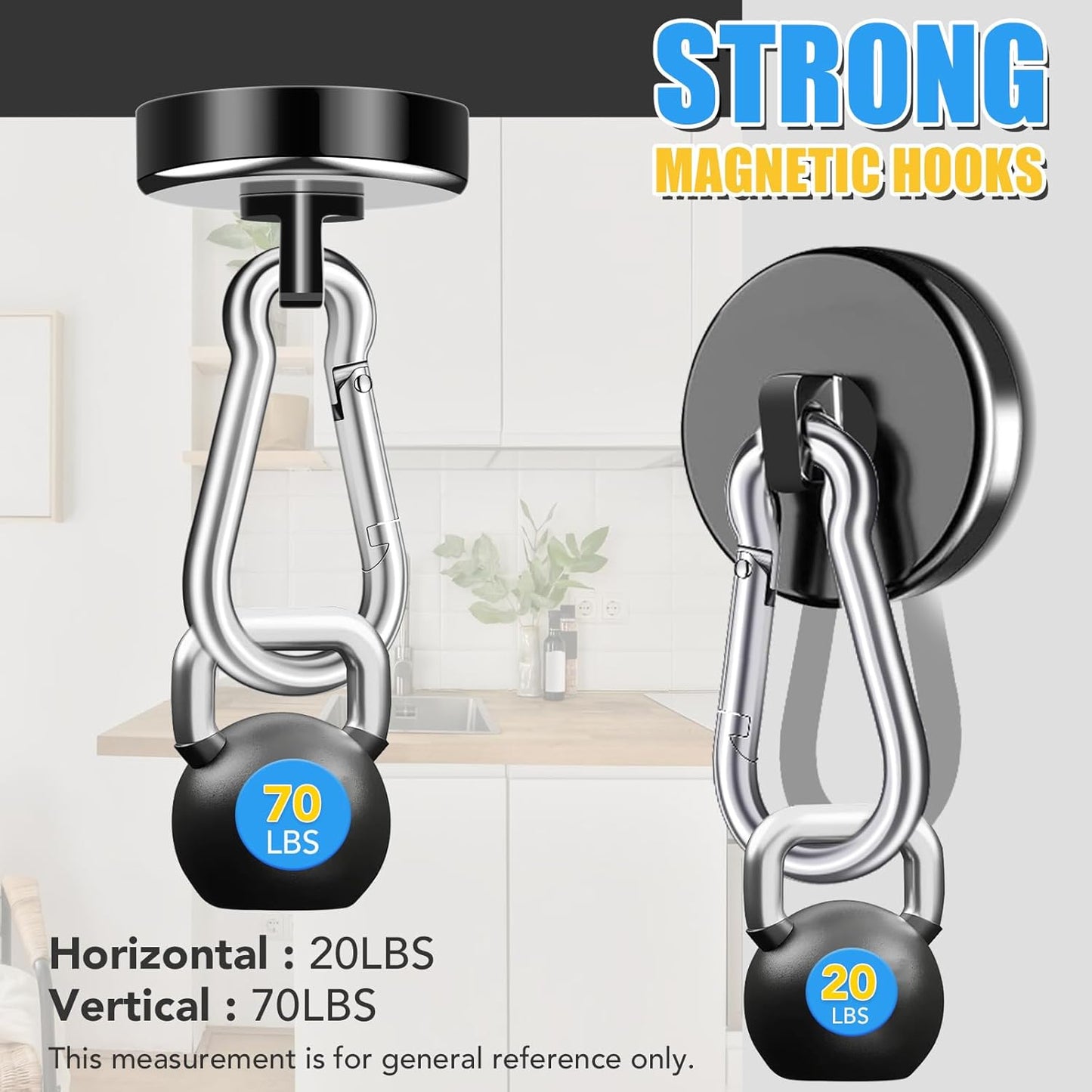 Magnetic Hooks, 70Lbs Heavy Duty Magnetic Hooks with Swivel Carabiner for Cruise Cabins, 6 Pack Extral Strong Neodymium Magnet Hooks for Hanging, Metal Magnetic Hanger for Toolbox, Grill, Fridge