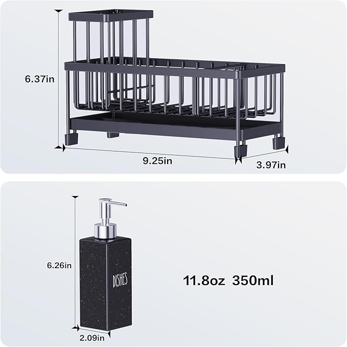 Cisily Kitchen Soap Dispenser Set with Sink Caddy, 12 Oz Glass Bottle, Hand and Dish Soap Dispenser Set with Sponge Holder (Black Sink Caddy + Black Bottle)