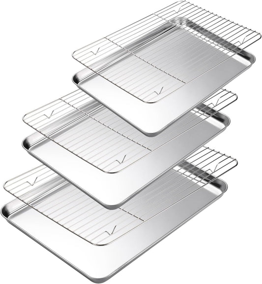 Baking Sheet with Cooling Rack Set of 6, 3 Premium Stainless Steel Cookie Sheets and 3 Wire Racks, Kitchen Nonstick Baking Pans Set Includes 3 Different Sizes, Heavy Duty Non Toxic