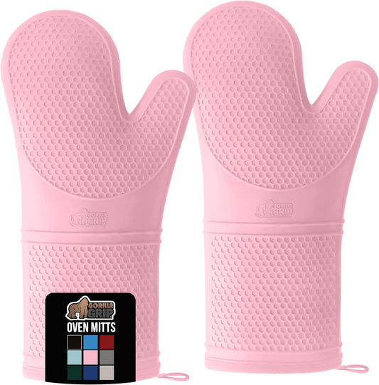 GORILLA GRIP BPA-Free Soft Silicone Oven Mitts, 14.5x8.3, Heat Resistant and Waterproof Cooking Gloves, Thick Cotton Lining, Flexible Gripping for Baking Grilling, Kitchen Potholders Set of 2, Pink