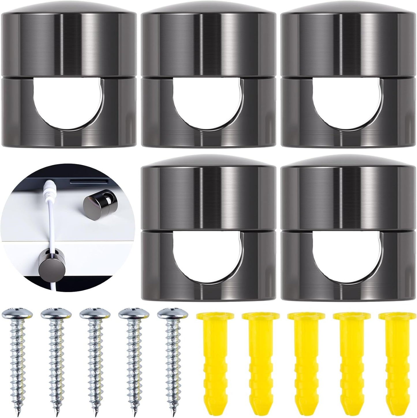 5 Sets Charger Holders for Cords, Black Adjustable Cable Anchor Holders, Adhesive Metal Cord Clips, Cable Management Wire Organizers for Desk, Office, Nightstand