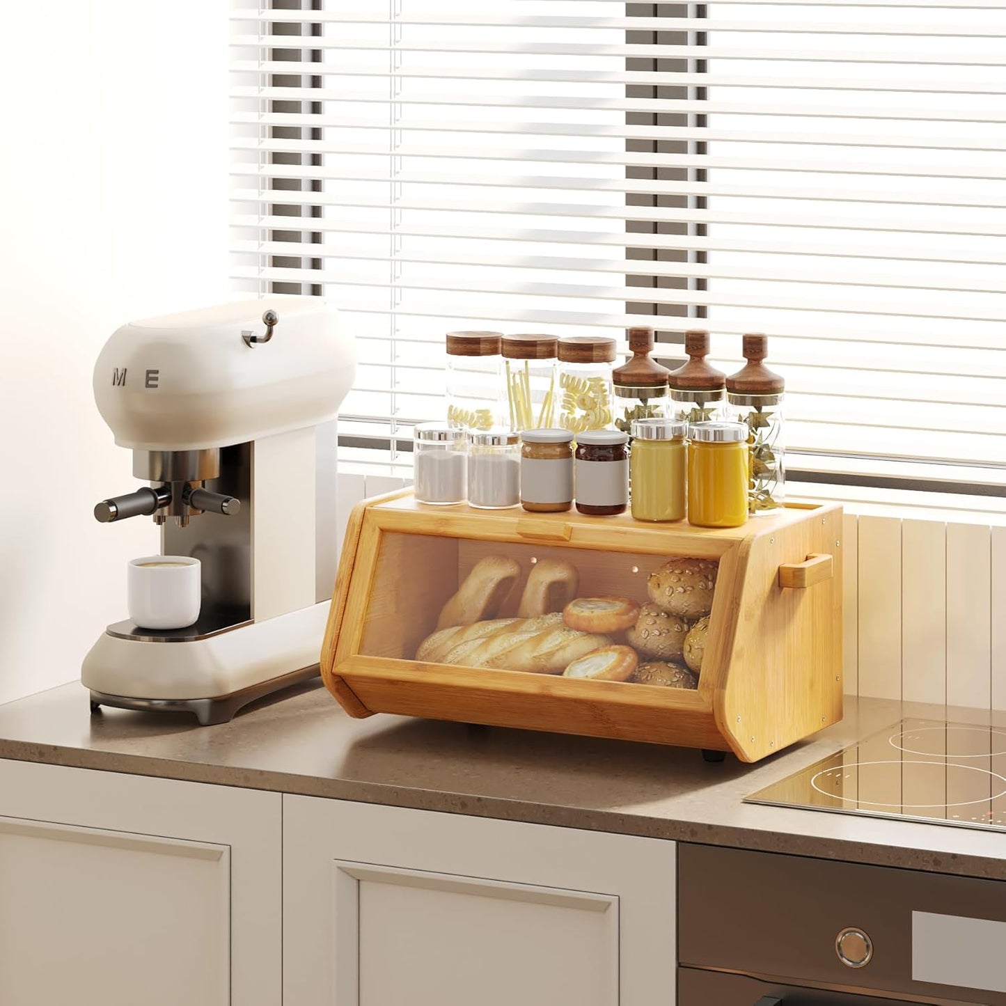 AMBIRD Bamboo Bread Box keep The Bread Fresh For Kitchen Counter-Large Capacity Wooden Bread Storage Container Farmhouse Bread Box with Window Bread Holder