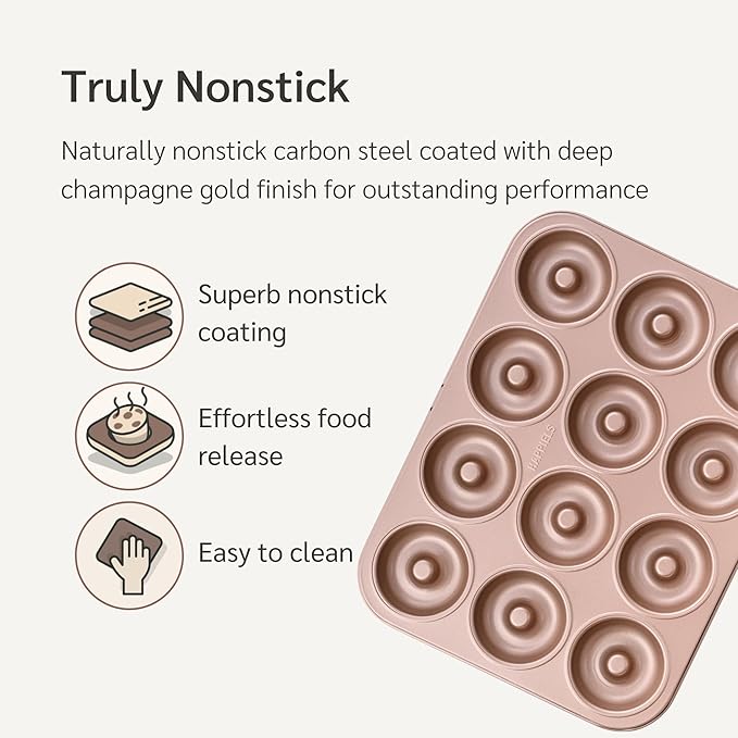 HAPPIELS 12 Well Donut Pan Nonstick, Non Toxic PFOA & BPA Free Donuts Mold for Baking, Doughnut Tin for Oven, Doughnuts Pans and Molds Non Stick Nontoxic, Baking Tray Pans & Trays without Teflon