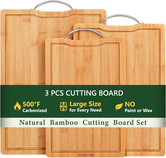 Bamboo Cutting Board, Wooden Cutting Boards for Kitchen with Double Sided Deep Juice Grooves & Wide Handle, Ideal Charcuterie & Chopping Board for Meat, Vegetables and Fruits