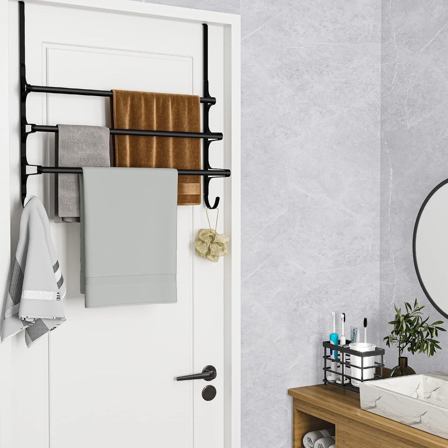 Over The Door Towel Rack, Triple Towel Storage Holder with Hooks, 24.02 Inches Towel Bar Hanger Towel Racks for Bathroom (Black)