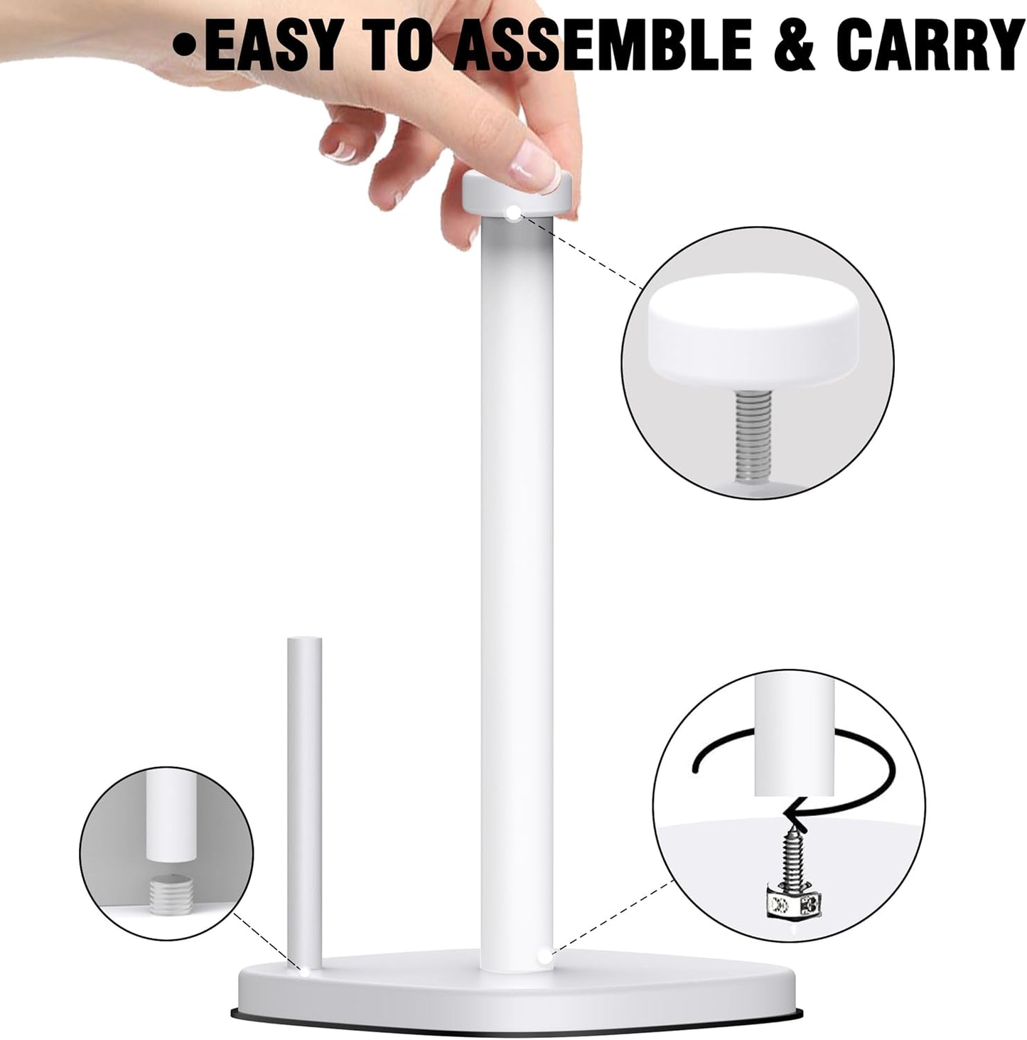 Paper Towel Holder Countertop, Standing Paper Towel Roll Holder for Kitchen Bathroom Organize, Stand with Weighted Base Suction Cups, Stainless Steel One-Handed Operation (White)