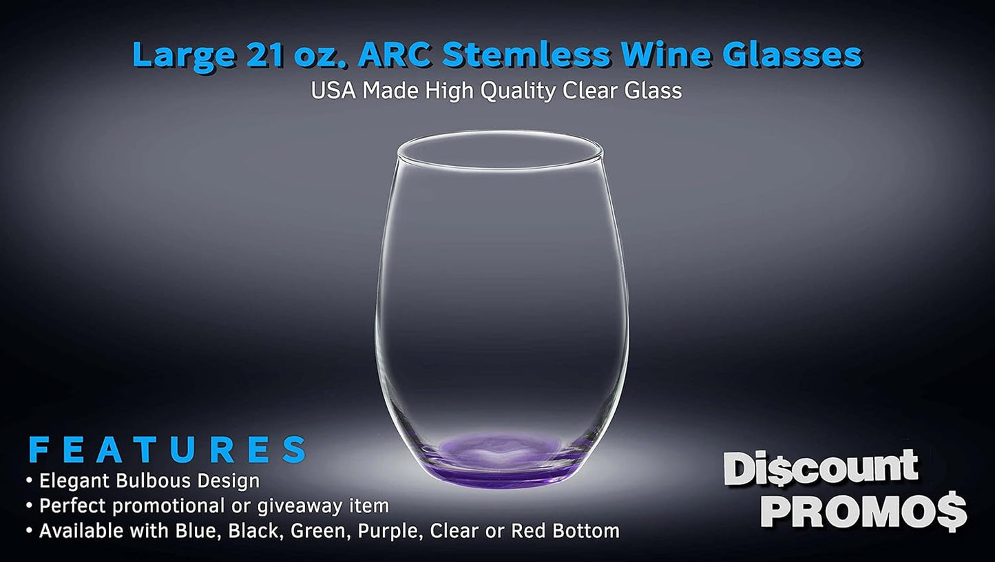 DISCOUNT PROMOS 10 ARC Stemless Wine Glasses Set, 21 oz. - Chardonnay, Cabernet, Merlot, Sauvignon - Purple