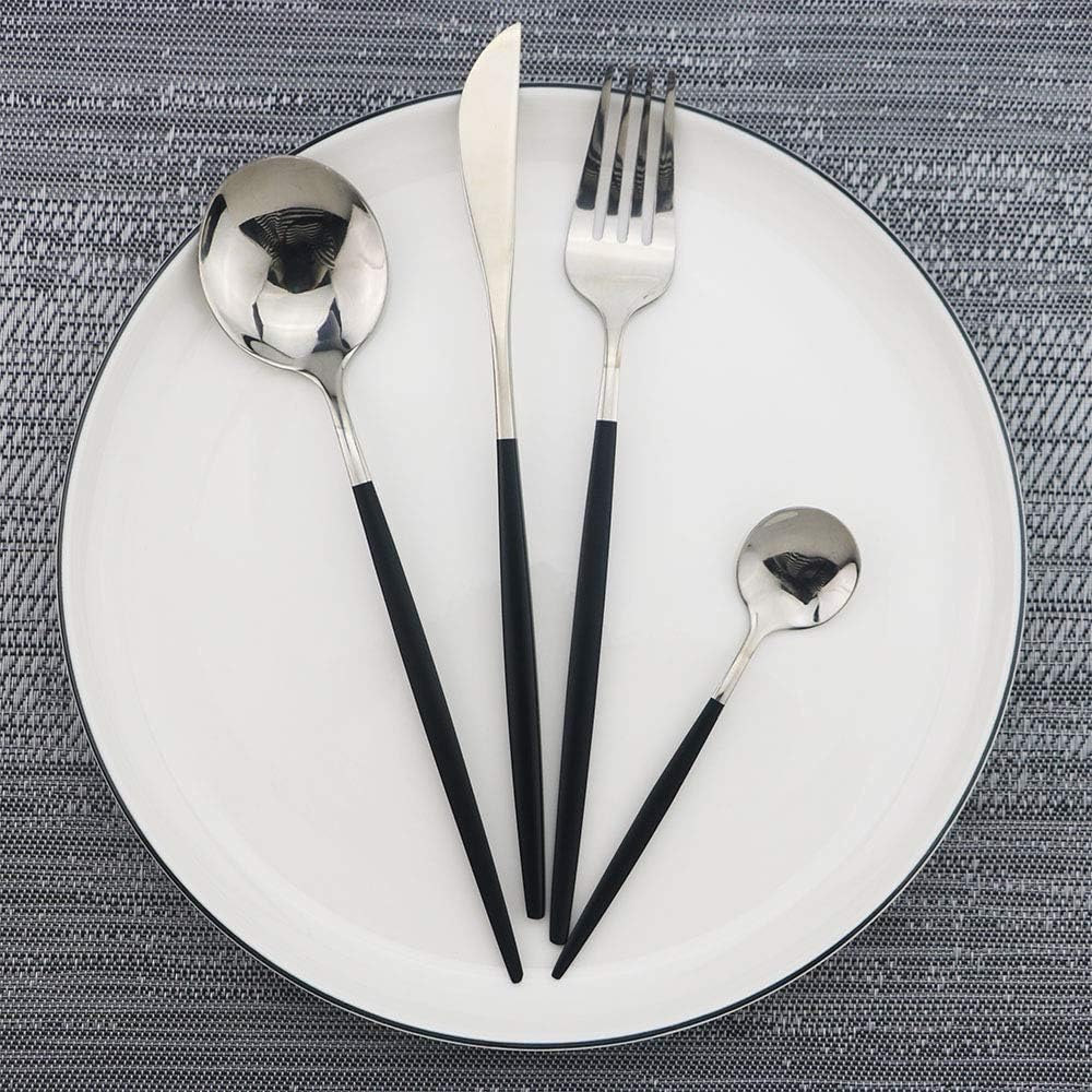 JASHII Black Silver Silverware Set, 20-Piece Stainless Steel Satin Finish Flatware, Kitchen Utensils, Mirror Polished Tableware Cutlery for Home and Restaurant, Dishwasher Safe