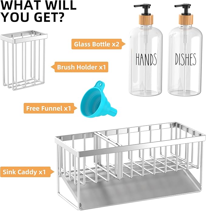 Cisily Kitchen Dish Soap Dispenser Set Stainless Steel Sponge Holder and 2 Pack 16.9oz Clear Glass, Dish Soap Dispensers, Vintage Hand and Dish Soap Dispensers Set, Dispensador De Jabon De Cocina