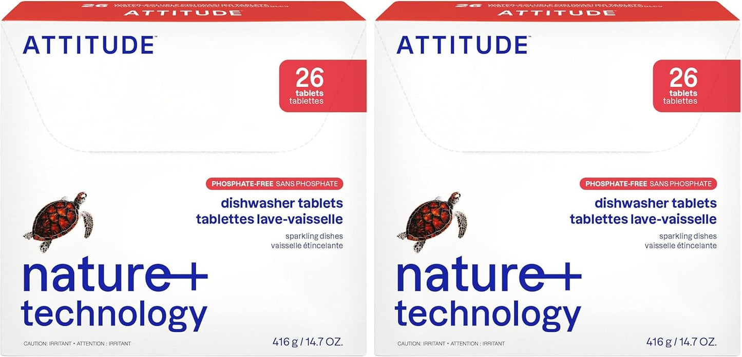 ATTITUDE Dishwasher Tablets, Water-soluble Plant- and Mineral-Based Effective Formula, Phosphate-free, Vegan and Cruelty-free, Unscented, 26 Count (Pack of 2)
